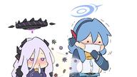 artist:koukoucha blue_hair character:ako_(blue_archive) character:hina_(blue_archive) demon_horns face_mask flushed_face halo horns in-series_category:gehenna_academy in-series_category:prefect_team long_hair mechanical_halo purple_eyes series:blue_archive side_boob white_hair // 1920x1080 // 157KB