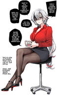 alternate_outfit artist:foxy_reine black_eyes character:arlecchino_(genshin_impact) english_text office_lady series:genshin_impact shadow_over_eyes white_hair // 1200x1989 // 882KB