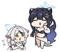 animal_ears artist:nyaru black_hair character:kokona_(blue_archive) character:kokona_(swimsuit)_(blue_archive) character:shun_(blue_archive) character:shun_(swimsuit)_(blue_archive) chibi grey_eyes hair_accessories halo in-series_category:plum_blossom_garden in-series_category:shanhaijing_secondary_school japanese_text long_hair orange_eyes ponytail series:blue_archive swimsuit twin_tails // 309x272 // 72KB