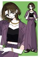artist:yasu_urayaka black_eyes brown_hair casual_clothes midriff pants series:original wolf_cut // 2480x3508 // 633KB