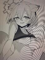 alternate_outfit animal_ears artist:roku_a_san character:shigure_(blue_archive) halo in-series_category:red_winter_federal_academy in-series_category:spec_ops_no._227 meta:cropped meta:work-in-progress monochrome nipple_slip pulling_up_shirt series:blue_archive sports_wear stoat_ears stoat_girl // 1536x2048 // 883KB
