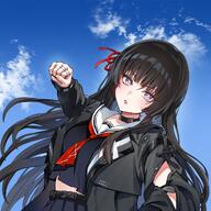 artist:foxy_reine beauty_mark black_hair character:chisa_(wuthering_waves) female_on_top long_hair pov red_eyes series:wuthering_waves // 1250x1250 // 250KB