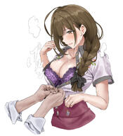 artist:hame_dragon brown_eyes brown_hair character:kuwayama_chiyuki_(idolmaster_shiny_colors) character:producer_(idolmaster) ears_blushing hair_bow hair_braid japanese_text lingerie long_hair series:idolmaster series:idolmaster_shiny_colors sweaty // 935x1027 // 145KB
