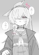 artist:rea_dome character:plana_(blue_archive) hair_covering_eye halo in-series_category:general_student_council in-series_category:schale in-series_category:shittim_chest japanese_text monochrome series:blue_archive shadow_over_eyes // 1463x2048 // 227KB