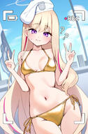 artist:ushimittsu18 blonde_hair camera_pov character:general_student_council_president_(temporary)_(blue_archive) double_v flushed_face golden_bikini halo in-series_category:general_student_council long_hair purple_eyes series:blue_archive v // 851x1294 // 753KB