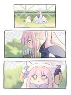 alternate_outfit artist:ekoru body_wings character:mika_(blue_archive) chibi comic feathered_wings halo in-series_category:tea_party in-series_category:trinity_general_school long_hair pink_hair ponytail series:blue_archive yellow_eyes // 815x1087 // 100KB