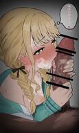 artist:kanzumemaguro blonde_hair character:fujita_kotone_(gakuen_idolmaster) ears_blushing fellatio flushed_face hair_bow hair_braid handjob japanese_text series:gakuen_idolmaster series:idolmaster steaming_body sweaty twin_tails yellow_eyes // 4767x7927 // 10MB