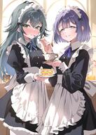 alternate_outfit artist:tigger102372 beauty_mark blue_eyes character:hataya_misuzu_(gakuen_idolmaster) character:tsukimura_temari_(gakuen_idolmaster) flushed_face green_eyes green_hair hair_accessories long_hair maid purple_hair series:gakuen_idolmaster series:idolmaster short_hair // 2150x3024 // 495KB