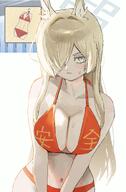 alternate_outfit animal_ears artist:shiosai blonde_hair blue_eyes character:kanna_(blue_archive) dog_ears dog_girl hair_covering_eye halo in-series_category:public_peace_bureau in-series_category:valkyrie_police_school japanese_text long_hair series:blue_archive sharp_teeth swimsuit // 1058x1616 // 175KB