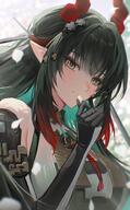 artist:gae_tteok00 black_hair character:zhuang_fangyi eye_liner green_eyes hair_accessories horns in-series_category:kylin long_hair pointed_ears series:arknights:_endfield // 1928x3120 // 635KB