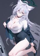 alternate_outfit animal_ears artist:ei blue_eyes character:shiroko_terror_(blue_archive) eye_liner glasses grey_hair hair_accessories halo heterochromia in-series_category:abydos_high_school in-series_category:foreclosure_task_force lingerie long_hair office_lady series:blue_archive wolf_ears wolf_girl // 1200x1688 // 2.0MB