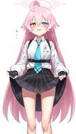 artist:kandori blue_eyes character:hoshino_(blue_archive) flushed_face halo heterochromia in-series_category:abydos_high_school in-series_category:foreclosure_task_force japanese_text long_hair peek pink_hair series:blue_archive skirt_lift sweaty teasing yellow_eyes // 1414x2488 // 273KB