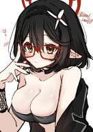 artist:ventvert0 character:ayane_(blue_archive) character:ayane_(idol)_(blue_archive) elf flushed_face glasses halo idol_outfit in-series_category:abydos_high_school in-series_category:foreclosure_task_force pointed_ears series:blue_archive // 1190x1684 // 237KB