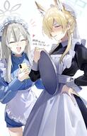 alternate_outfit animal_ears artist:flatshi blonde_hair character:kanna_(blue_archive) character:konoka_(blue_archive) dog_ears dog_girl flushed_face grey_hair hair_bun halo in-series_category:public_peace_bureau in-series_category:valkyrie_police_school japanese_text long_hair maid series:blue_archive shadow_over_eyes sharp_teeth sports_wear // 1317x2048 // 349KB