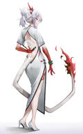artist:SaMA character:nian_(arknights) character:nian_(unfettered_freedom)_(arknights) dragon_girl dragon_horns dragon_tail hair_braid hair_bun horns in-series_category:feranmut in-series_category:sui_siblings in-series_category:yan pointed_ears purple_eyes qipao series:arknights tail teasing white_hair // 2809x4500 // 1.7MB