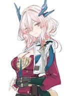 artist:ken beauty_mark character:mi_fu demon_horns flushed_face hair_covering_eye horns in-series_category:sarkaz pink_eyes pink_hair pointed_ears series:arknights series:arknights:_endfield short_hair // 2314x3273 // 870KB