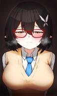 artist:washio_kuu black_hair brown_eyes character:ayane_(blue_archive) elf flushed_face glasses hair_accessories halo in-series_category:abydos_high_school in-series_category:foreclosure_task_force pointed_ears pov series:blue_archive short_hair steaming_body sweater // 547x911 // 522KB