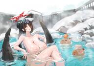 artist:fluffyebi01 beauty_mark black_hair body_wings character:hasumi_(blue_archive) feathered_wings flushed_face hair_down_the_middle halo in-series_category:justice_task_force in-series_category:trinity_general_school large_areolae long_hair onsen ponytail series:blue_archive // 2048x1440 // 256KB