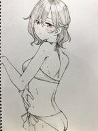 age_progression artist:ae_iueo beauty_mark character:higuchi_madoka_(idolmaster_shiny_colors) meta:traditional_art monochrome red_eyes series:idolmaster series:idolmaster_shiny_colors short_hair swimsuit // 1536x2048 // 634KB