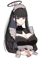 alternate_outfit artist:kyurosuku black_hair character:rio_(blue_archive) halo in-series_category:millenium_science_school in-series_category:seminar long_hair maid mechanical_halo ponytail red_eyes series:blue_archive // 2350x3343 // 384KB