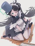 artist:abe-napori black_hair blue_eyes character:aris_(blue_archive) character:aris_(maid)_(blue_archive) hair_down_the_middle halo in-series_category:game_development_department in-series_category:millenium_science_school long_hair maid ponytail series:blue_archive sweaty // 1536x2048 // 396KB