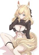animal_ears artist:ken blonde_hair blue_eyes character:whislash_(arknights) character:zofia_(arknights) horse_ears horse_girl horse_tail in-series_category:kazimierz in-series_category:kuranta lingerie series:arknights sweater tail // 2026x2865 // 738KB