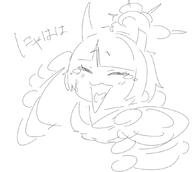 artist:kyurosuku beauty_mark character:niya_(blue_archive) chibi closed_eyes demon_horns halo horns in-series_category:allied_hyakkiyako_academy in-series_category:yin-yang_club japanese_text monochrome series:blue_archive short_hair tears // 863x772 // 159KB