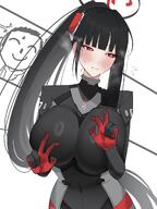 artist:nagomu black_hair bodysuit character:doodle_sensei_(blue_archive) character:rio_(battle)_(blue_archive) character:rio_(blue_archive) character:sensei_(blue_archive) double_v flushed_face halo in-series_category:millenium_science_school in-series_category:seminar long_hair mechanical_halo ponytail red_eyes series:blue_archive steaming_body v // 1536x2048 // 1.4MB