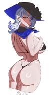 alternate_outfit artist:goldentissue bird_girl body_writing brown_eyes character:orchid_(arknights) flushed_face hair_covering_eye in-series_category:liberi in-series_category:rhodes_island lingerie series:arknights white_hair // 736x1396 // 793KB