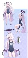 artist:molatofu body_wings character:hina_(blue_archive) character:hina_(swimsuit)_(blue_archive) chinese_text demon_horns demon_wings flushed_face halo horns in-series_category:gehenna_academy in-series_category:prefect_team long_hair mechanical_halo ponytail purple_eyes series:blue_archive swimsuit white_hair // 972x2000 // 183KB