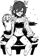 artist:jepy character:misaki_(blue_archive) character:misaki_(swimsuit)_(blue_archive) flushed_face halo in-series_category:arius_satellite_school in-series_category:arius_squad monochrome pov series:blue_archive short_hair swimsuit // 1451x2048 // 320KB