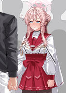 artist:rynn blue_eyes character:mimori_(blue_archive) flushed_face hair_accessories hair_braid hair_bun halo hand_holding in-series_category:allied_hyakkiyako_academy in-series_category:inner_discipline_club long_hair pink_hair series:blue_archive sweaty // 2480x3508 // 2.8MB