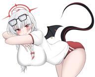artist:souten03plip bloomers body_wings character:haruna_(blue_archive) character:haruna_(track)_(blue_archive) demon_wings hair_braid halo in-series_category:gehenna_academy in-series_category:gourmet_research_society long_hair red_eyes series:blue_archive sports_wear sunglasses tail white_hair // 1517x1240 // 134KB