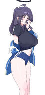 artist:doksyuri character:yuuka_(blue_archive) character:yuuka_(track)_(blue_archive) flushed_face halo in-series_category:millenium_science_school in-series_category:seminar mechanical_halo midriff ponytail purple_eyes purple_hair series:blue_archive sports_wear // 1312x2768 // 684KB
