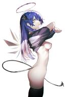 artist:iumu blue_eyes blue_hair body_wings character:mostima_(arknights) demon_horns halo horns in-series_category:fallen_sankta in-series_category:laterano in-series_category:sankta long_hair pulling_up_shirt series:arknights shirt_only tail thigh_squish // 1250x1839 // 1.1MB