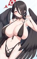 artist:esto_0079 beauty_mark black_hair body_wings character:hasumi_(blue_archive) character:hasumi_(swimsuit)_(blue_archive) feathered_wings flushed_face hair_covering_eye hair_down_the_middle halo in-series_category:justice_task_force in-series_category:trinity_general_school long_hair meta:source_request ponytail red_eyes series:blue_archive swimsuit // 948x1498 // 162KB