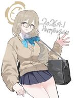 artist:misutkaru brown_eyes brown_hair character:akane_(blue_archive) character:akane_(uniform)_(blue_archive) flushed_face glasses halo in-series_category:cleaning_&_clearing in-series_category:millenium_science_school long_hair series:blue_archive sweater sweaty // 2529x3260 // 507KB