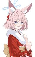 alternate_outfit animal_ears artist:kamitosayu blue_eyes character:niko_(blue_archive) fox_ears fox_girl hair_bow halo in-series_category:fox_squad in-series_category:SRT_special_academy kimono pink_hair ponytail series:blue_archive short_hair // 1268x2048 // 250KB