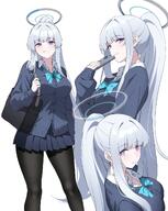 alternate_outfit artist:reia character:noa_(blue_archive) halo in-series_category:millenium_science_school in-series_category:seminar long_hair mechanical_halo ponytail purple_eyes series:blue_archive sweater white_hair // 1628x2048 // 422KB