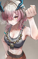 age_regression alternate_outfit artist:kei115 beauty_mark character:mi_fu demon_horns hair_covering_eye horns in-series_category:sarkaz messy_hair midriff orange_eyes pink_hair pointed_ears series:arknights series:arknights:_endfield short_hair sports_wear steaming_body sweaty // 1507x2340 // 4.3MB
