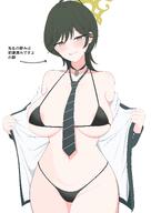artist:makura beauty_mark character:fuyu_(blue_archive) ear_piercings flushed_face green_eyes green_hair halo in-series_category:free_trade_cartel in-series_category:wild_hunt_academy_of_arts japanese_text micro_bikini nipple_slip series:blue_archive wolf_cut // 2894x4093 // 1.8MB