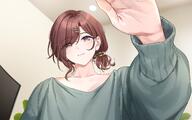 alternate_outfit artist:nonbire beauty_mark brown_hair casual_clothes character:higuchi_madoka_(idolmaster_shiny_colors) hair_accessories headpat ponytail pov purple_eyes series:idolmaster series:idolmaster_shiny_colors short_hair sweater // 3520x2200 // 531KB