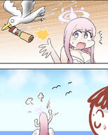 artist:CH body_wings character:doodle_sensei_(blue_archive) character:mika_(blue_archive) character:mika_(swimsuit)_(blue_archive) character:sensei_(blue_archive) comic feathered_wings halo in-series_category:tea_party in-series_category:trinity_general_school long_hair pink_hair series:blue_archive swimsuit yellow_eyes // 800x1000 // 688KB