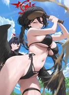 artist:hood beauty_mark black_hair blindfold body_wings character:hasumi_(blue_archive) character:hasumi_(swimsuit)_(blue_archive) character:ichika_(blue_archive) character:ichika_(swimsuit)_(blue_archive) closed_eyes feathered_wings hair_down_the_middle halo in-series_category:justice_task_force in-series_category:trinity_general_school series:blue_archive sunglasses swimsuit thigh_squish // 1459x2000 // 360KB