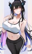 alternate_outfit artist:omoti beauty_mark black_hair blue_hair character:nerissa_ravencroft demon_horns horns in-series_category:advent in-series_category:hololive_english long_hair midriff ponytail red_eyes series:hololive sports_wear two-tone_hair // 751x1280 // 136KB