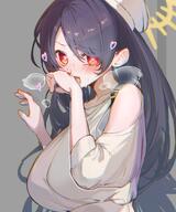 alternate_outfit artist:akisyafa black_hair casual_clothes character:hinata_(blue_archive) flushed_face hair_covering_eye halo in-series_category:sisterhood in-series_category:trinity_general_school long_hair red_eyes series:blue_archive steaming_body // 1118x1345 // 184KB