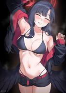 artist:deras black_hair body_wings character:ichika_(blue_archive) character:ichika_(swimsuit)_(blue_archive) closed_eyes feathered_wings flushed_face halo in-series_category:justice_task_force in-series_category:trinity_general_school long_hair series:blue_archive short_shorts steaming_body swimsuit // 1200x1697 // 231KB