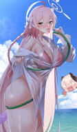 ahoge artist:kippuru bird_girl character:hanako_(blue_archive) character:hanako_(swimsuit)_(blue_archive) character:koharu_(blue_archive) flushed_face green_eyes hair_bow hair_braid halo head_wings in-series_category:justice_task_force in-series_category:make-up_work_club in-series_category:trinity_general_school long_hair peek pink_hair series:blue_archive shirt_only sweaty swimsuit wet_shirt // 868x1488 // 925KB