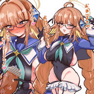 anger_vein artist:shiming_liangjing bird_girl blue_eyes character:shimiko_(blue_archive) character:shimiko_(magical)_(blue_archive) comic flushed_face full-face_blush glasses hair_accessories hair_braid halo head_wings high-cut_leotard in-series_category:library_committee in-series_category:trinity_general_school japanese_text large_areolae leotard long_hair magical_girl nipple_slip orange_hair series:blue_archive side_boob sweaty twin_tails // 1200x1200 // 1.3MB