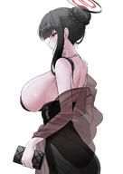 alternate_outfit artist:asayuki101 black_hair character:rio_(blue_archive) dress hair_braid hair_bun halo in-series_category:millenium_science_school in-series_category:seminar low-cut_dress mechanical_halo red_eyes series:blue_archive // 2480x3508 // 1.1MB